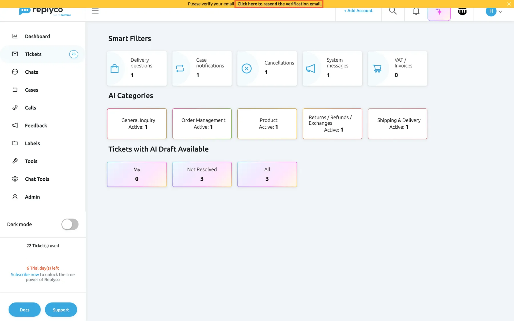 The Replyco start screen of a new company. Across the top of the window, over the top bar, runs a yellow banner: "Please verify your email. Click here to resend the verification email.", with the second sentence highlighted and a close icon at the right. The top bar shows Add Account but no Create Ticket link. At the bottom of the sidebar are "22 Ticket(s) used" and the red line "6 Trial day(s) left" above "Subscribe now to unlock the true power of Replyco". Selecting the highlighted text sends the confirmation email again.