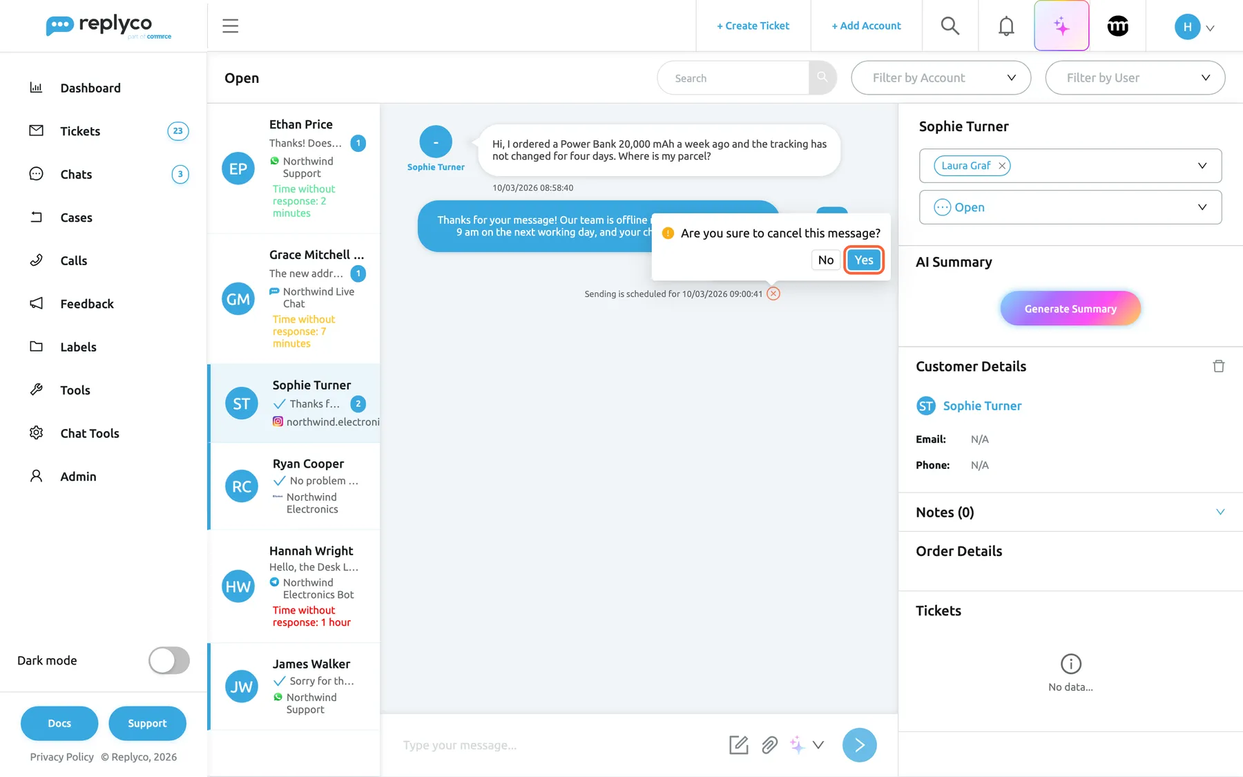 The same Instagram chat with Sophie Turner in Replyco after selecting the red cross next to "Sending is scheduled for 10/03/2026 09:00:41". A small confirmation box over the waiting reply asks "Are you sure to cancel this message?" with the buttons No and Yes. The highlighted Yes button cancels the waiting auto-response for good, so it is never sent; No closes the box and the reply keeps its send time.
