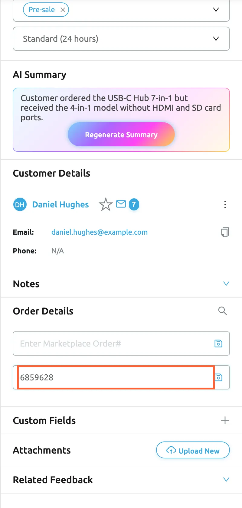 The right panel of ticket #32533 with no order linked. Under Customer Details for Daniel Hughes and the collapsed Notes, Order Details shows a magnifier, Automatically search order, and two fields: Enter Marketplace Order#, empty, and the highlighted field Enter Linnworks Order ID, which holds the Linnworks order number 6859628. Each field ends in a save icon; selecting the save icon of the Linnworks field links that Linnworks order to the ticket.