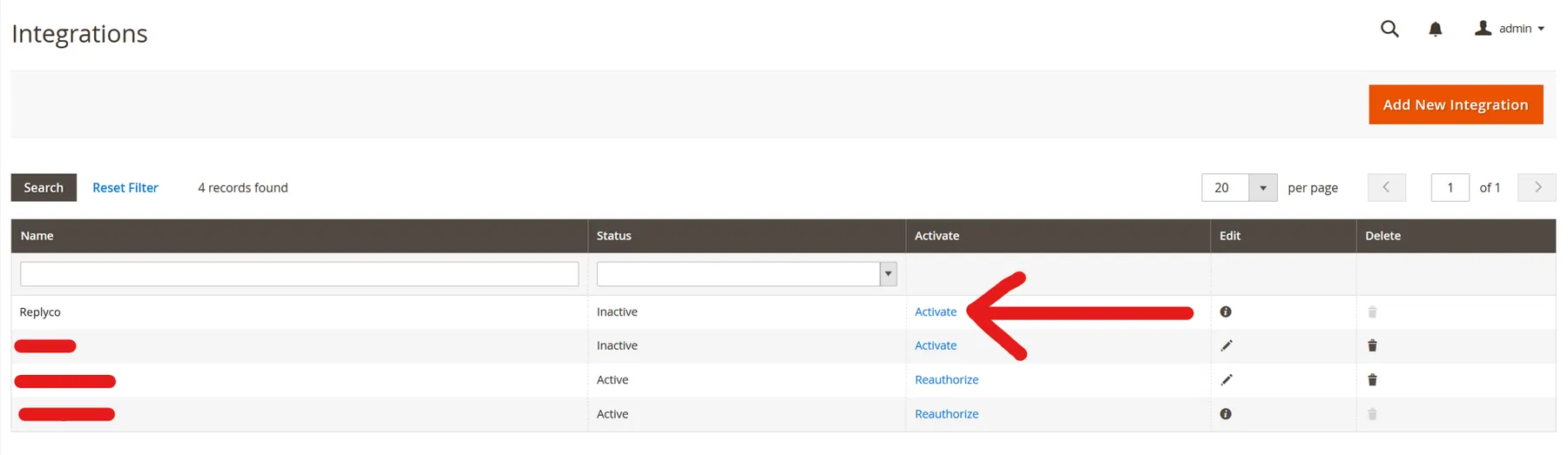 The Integrations page of the Magento 2 admin, reached again through System › Integrations, with Add New Integration at the top right and a search row above the table. The table has the columns Name, Status, Activate, Edit and Delete. The newly saved integration Replyco in the first row has the status Inactive, and a red arrow points to its Activate link. Integrations that are already active offer Reauthorize instead; the names of the other integrations are hidden.