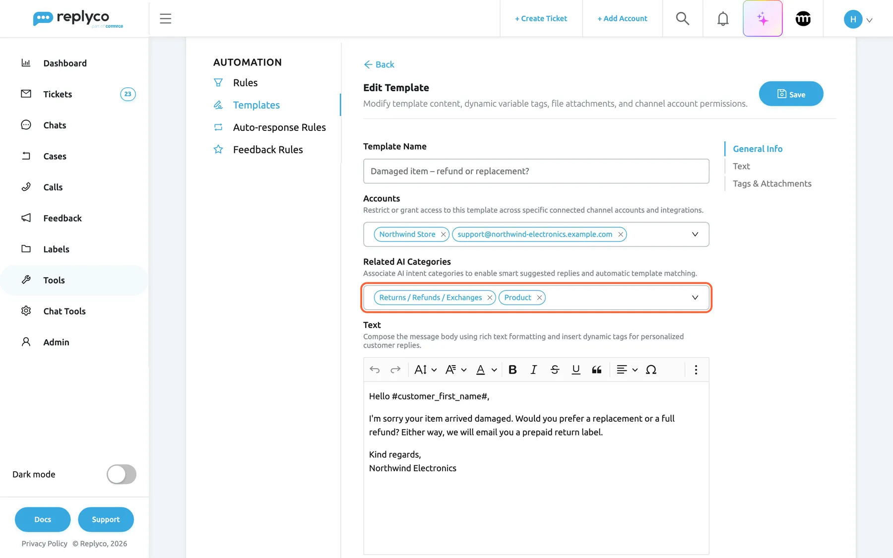 The Edit Template form on the Templates tab of Automation in Replyco, for the template "Damaged item – refund or replacement?". Under Accounts, Northwind Store and the support mailbox are selected. The highlighted Related AI Categories field, described as "Associate AI intent categories to enable smart suggested replies and automatic template matching.", holds two categories: Returns / Refunds / Exchanges and Product. Below it, the Text editor shows the template's apology and offer of a replacement or refund. Save is at the top right.