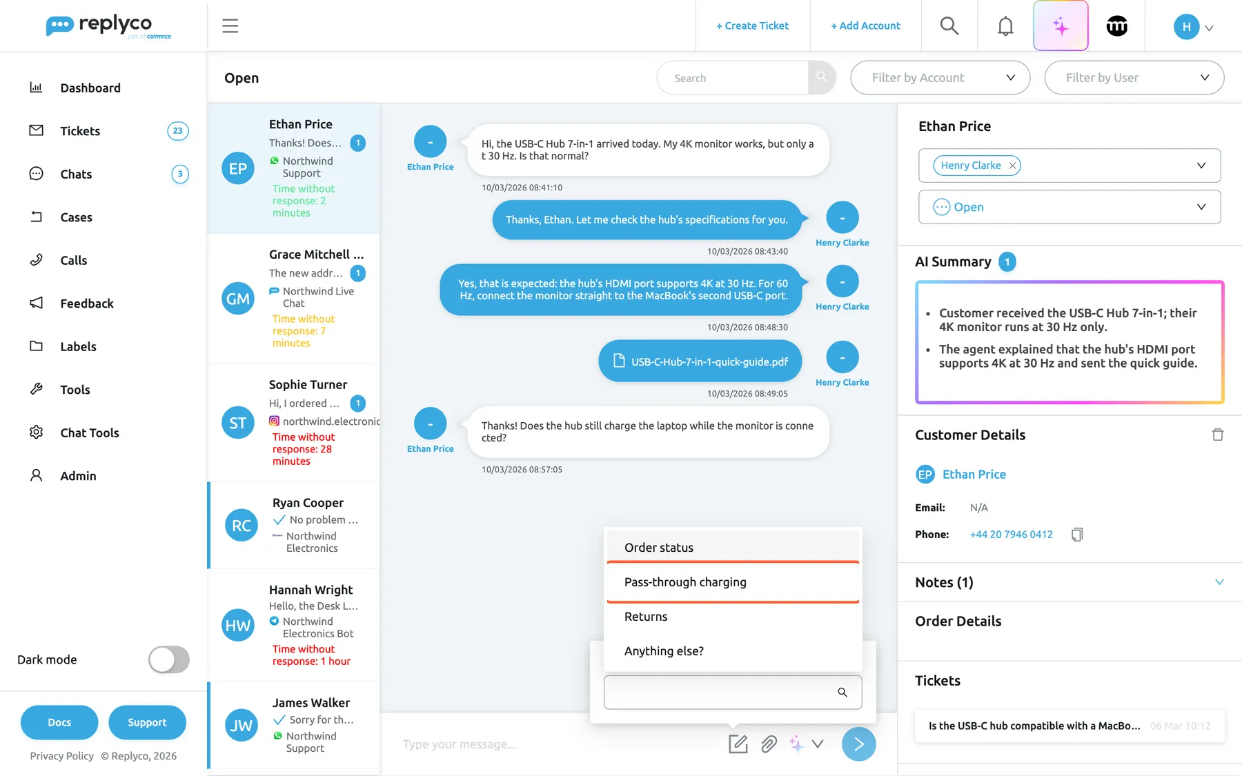 A WhatsApp chat with Ethan Price in Replyco with the template popover open above the composer, opened from the template icon next to the paper clip. Its select is open, with a search field and a list of four chat templates: Order status, Pass-through charging, Returns and Anything else?; Pass-through charging is highlighted. The conversation with the customer's question about charging is visible behind it, and the side panel with the AI Summary on the right. Choosing a template replaces the text in the box with the template's text.