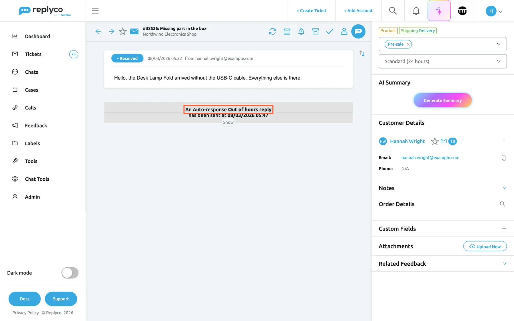 The same ticket #32536 for a user who has Show In-Line Auto-responses in Ticket Detail screen switched on in their account settings. Under the customer's message of 08/03/2026 05:32, the sent auto-response is folded into one grey line, highlighted: "An Auto-response Out of hours reply has been sent at 08/03/2026 05:47", with a small Show button under it that opens the full message. The customer panel with Hannah Wright stays on the right.
