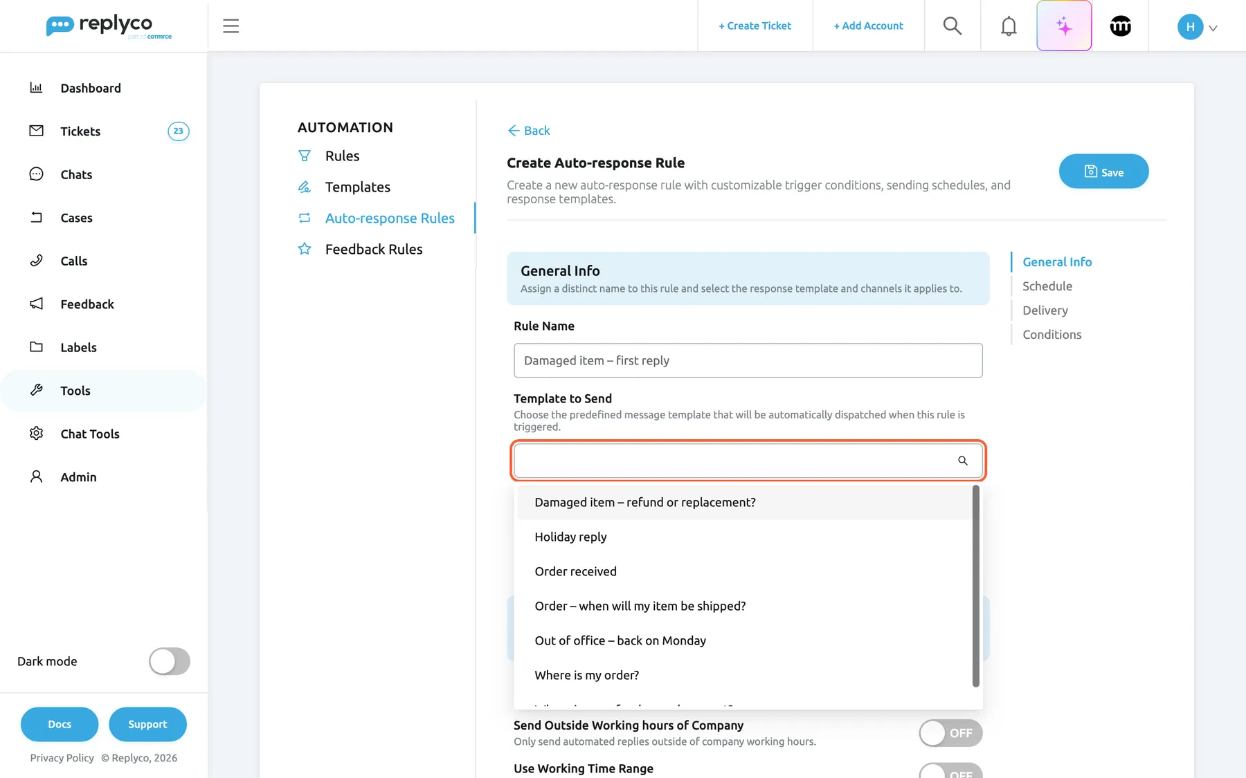 The Create Auto-response Rule form on the Auto-response Rules tab of Tools › Automation. Rule Name reads "Damaged item – first reply". The highlighted select under Template to Send, described as "Choose the predefined message template that will be automatically dispatched when this rule is triggered.", is open and lists every template of the company in name order, including "Holiday reply" and "Out of office – back on Monday", which are switched off on the Templates tab; the list scrolls to the seventh. Unlike the reply editor, this list is not limited by the template's accounts; the rule's own Accounts field, hidden under the list, decides where it answers.