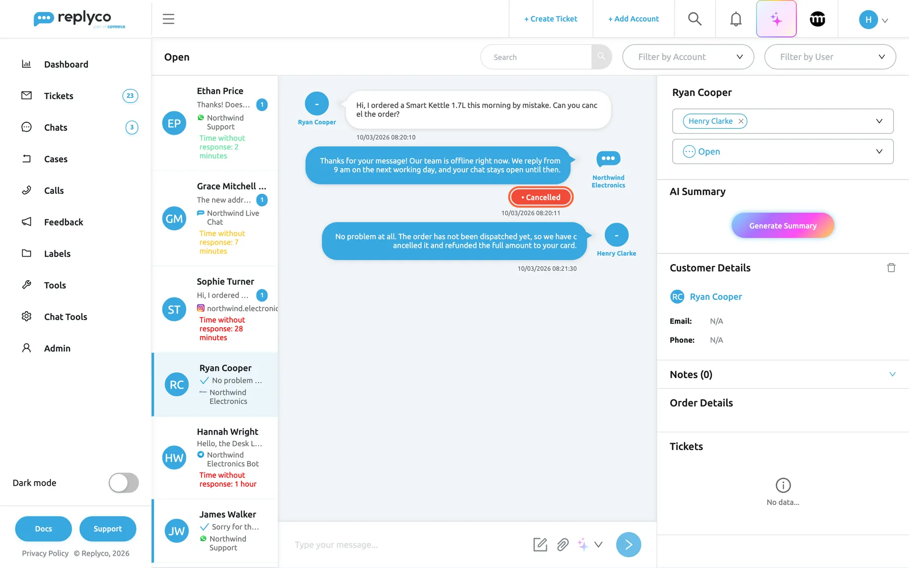A Messenger chat with Ryan Cooper open under Chats, Open in Replyco. His message from 08:20:10 asks to cancel a Smart Kettle 1.7L he ordered by mistake. Under it on the right, the auto-response "Thanks for your message! Our team is offline right now..." created at 08:20:11 has the highlighted red badge Cancelled. Below it, Henry Clarke's reply from 08:21:30 says the order has been cancelled and refunded. In the list, Ryan's row shows Henry's reply with a blue tick and no waiting time.