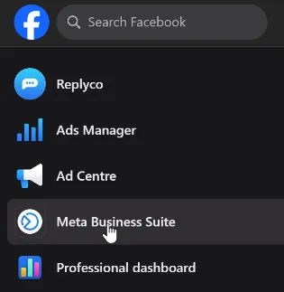 Facebook's left-hand menu in dark mode while you act as the business page, below the Facebook logo and the search field. It lists the page's profile, "Ads Manager", "Ad Centre", "Meta Business Suite", with the pointer on it, and "Professional dashboard". Select Meta Business Suite to open the business tools for the page, where the page's own access list and its people are managed.