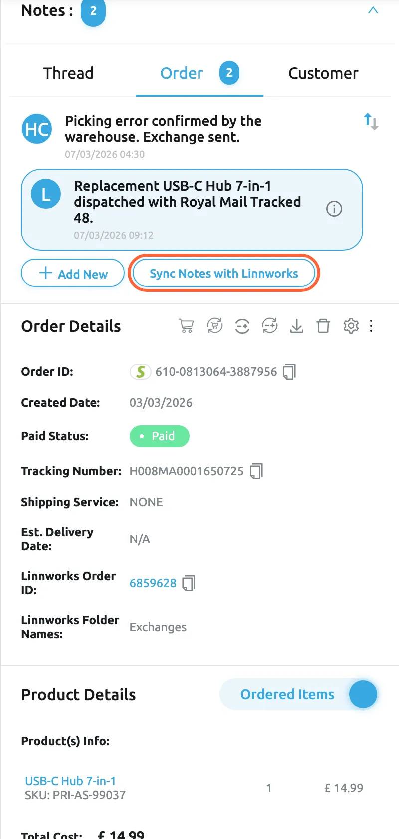 The right panel of ticket #32533 with Notes open on the Order tab, which counts 2 notes. The first, by Henry Clarke, reads "Picking error confirmed by the warehouse. Exchange sent." The second, marked with an L and an info icon, came from Linnworks: "Replacement USB-C Hub 7-in-1 dispatched with Royal Mail Tracked 48." Below, Add New and the highlighted button Sync Notes with Linnworks. Order Details follows with the Linnworks Order ID 6859628.