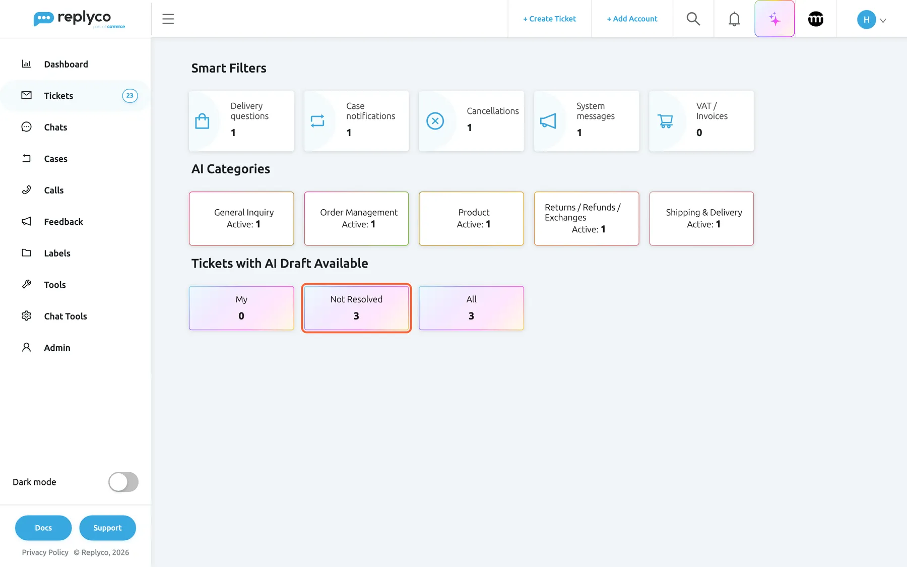 The Smart Filters page under Tickets in Replyco. At the top are the company's smart filters, such as Delivery questions and Cancellations, and below them the AI Categories cards, such as Shipping & Delivery with Active: 1. At the bottom, the section Tickets with AI Draft Available has three cards: My with 0, Not Resolved with 3, highlighted, and All with 3. Selecting a card opens the AI Draft Response window on the first ticket of that set, with arrows to move through the rest.