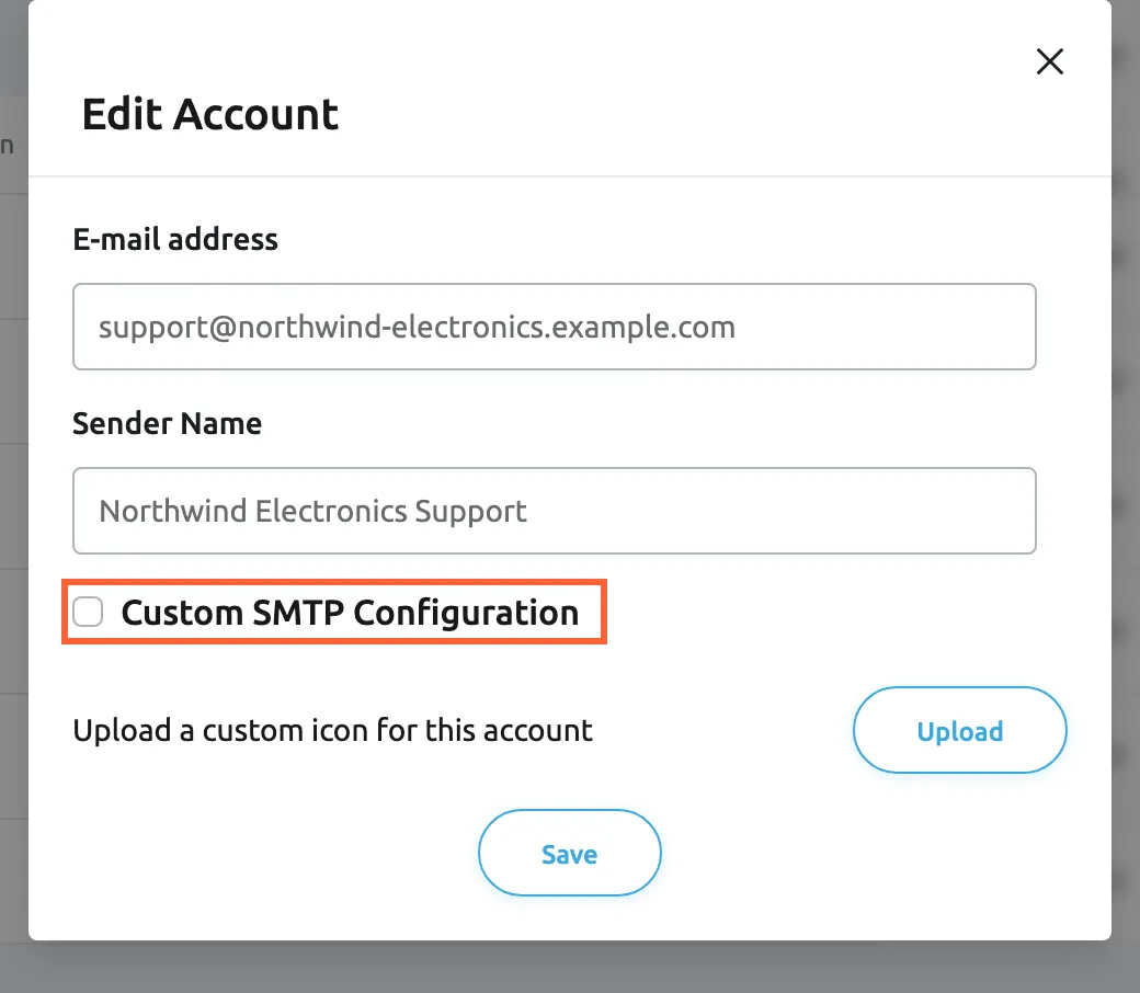 The Edit Account window of the Email account connected by forwarding, opened with Edit in its details. E-mail address shows support@northwind-electronics.example.com and Sender Name shows Northwind Electronics Support. Below them the check box Custom SMTP Configuration is clear and highlighted. Then come Upload a custom icon for this account with an Upload button, and Save. Ticking Custom SMTP Configuration asks you to confirm that the Replyco mail server configuration will be removed, then shows the server fields.