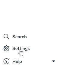 The bottom of Meta Business Suite's left-hand menu, cut out on a white background. Three entries are visible: "Search" with a magnifier, "Settings" with a gear, where the pointer rests, and "Help" with a question mark and a small arrow. Select Settings to open the business settings, where the Accounts section lists the business's Facebook pages and the people assigned to each of them.