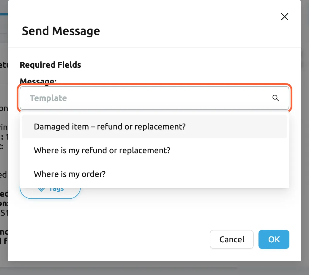 The Send Message form of eBay return 5301846219. Under Required Fields, Message has a Template select, highlighted and open, listing the reply templates available for the eBay account northwind-electronics: Damaged item – refund or replacement?, Where is my refund or replacement? and Where is my order?. Picking one fills the text box below with its text; the Tags button inserts placeholders that Replyco fills in from the case before sending. Cancel and OK are at the bottom right.