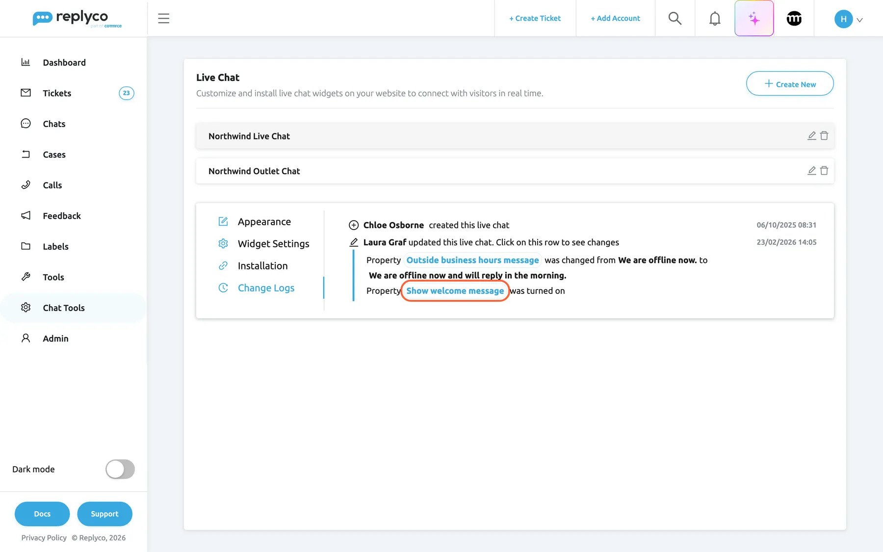 The Change Logs tab of the Northwind Live Chat widget. Chloe Osborne created this live chat on 06/10/2025 at 08:31. Laura Graf updated it on 23/02/2026 at 14:05; the expanded row says the property Outside business hours message was changed from "We are offline now." to "We are offline now and will reply in the morning.", and that the highlighted property Show welcome message was turned on.
