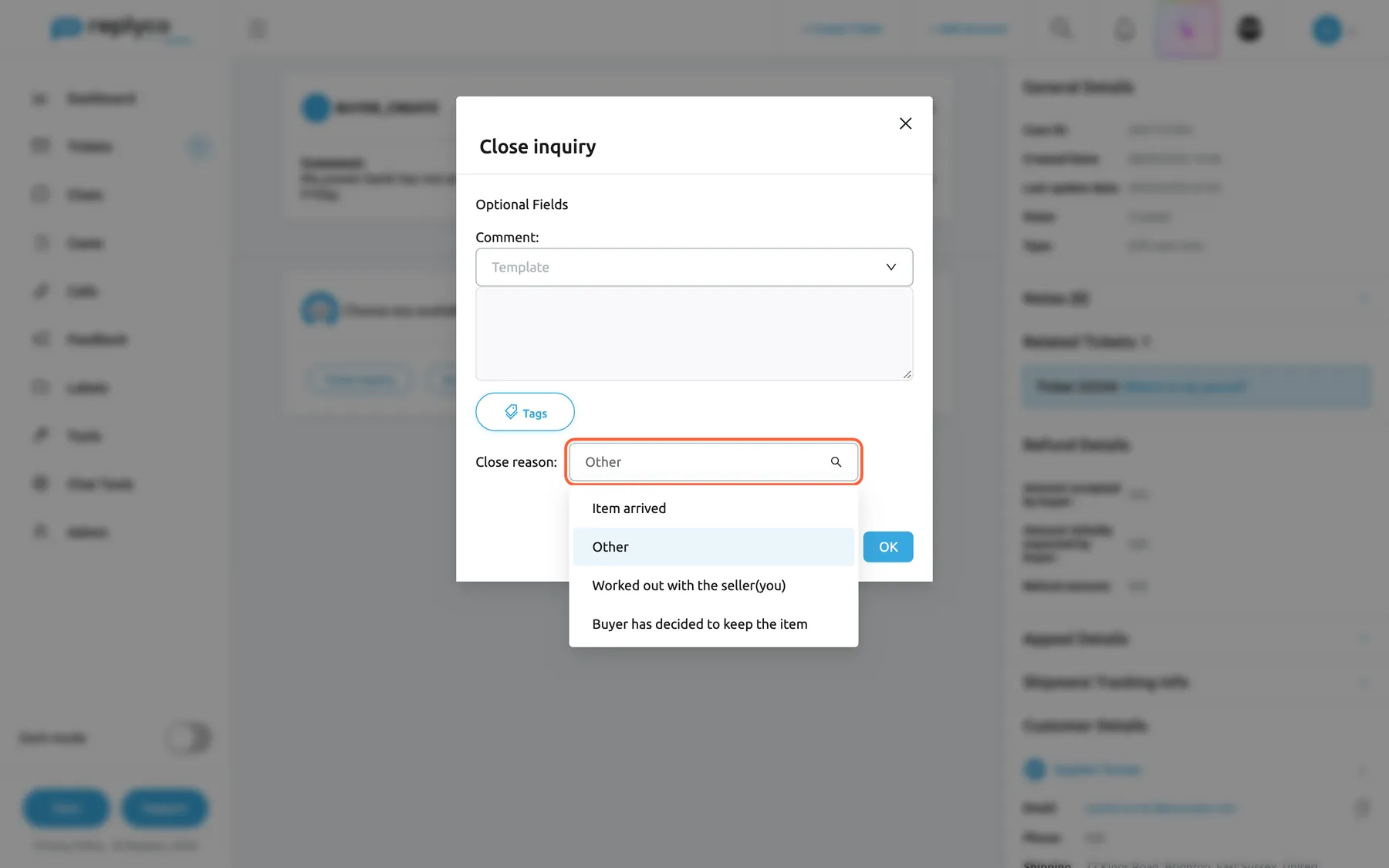 The Close inquiry form of eBay inquiry 5047723381. Under Optional Fields are Comment, with a Template select, a text box and the Tags button, and Close reason, highlighted and open, set to Other. Its list offers Item arrived, Other, Worked out with the seller(you) and Buyer has decided to keep the item. Cancel and OK are at the bottom right; OK sends the closure to eBay.
