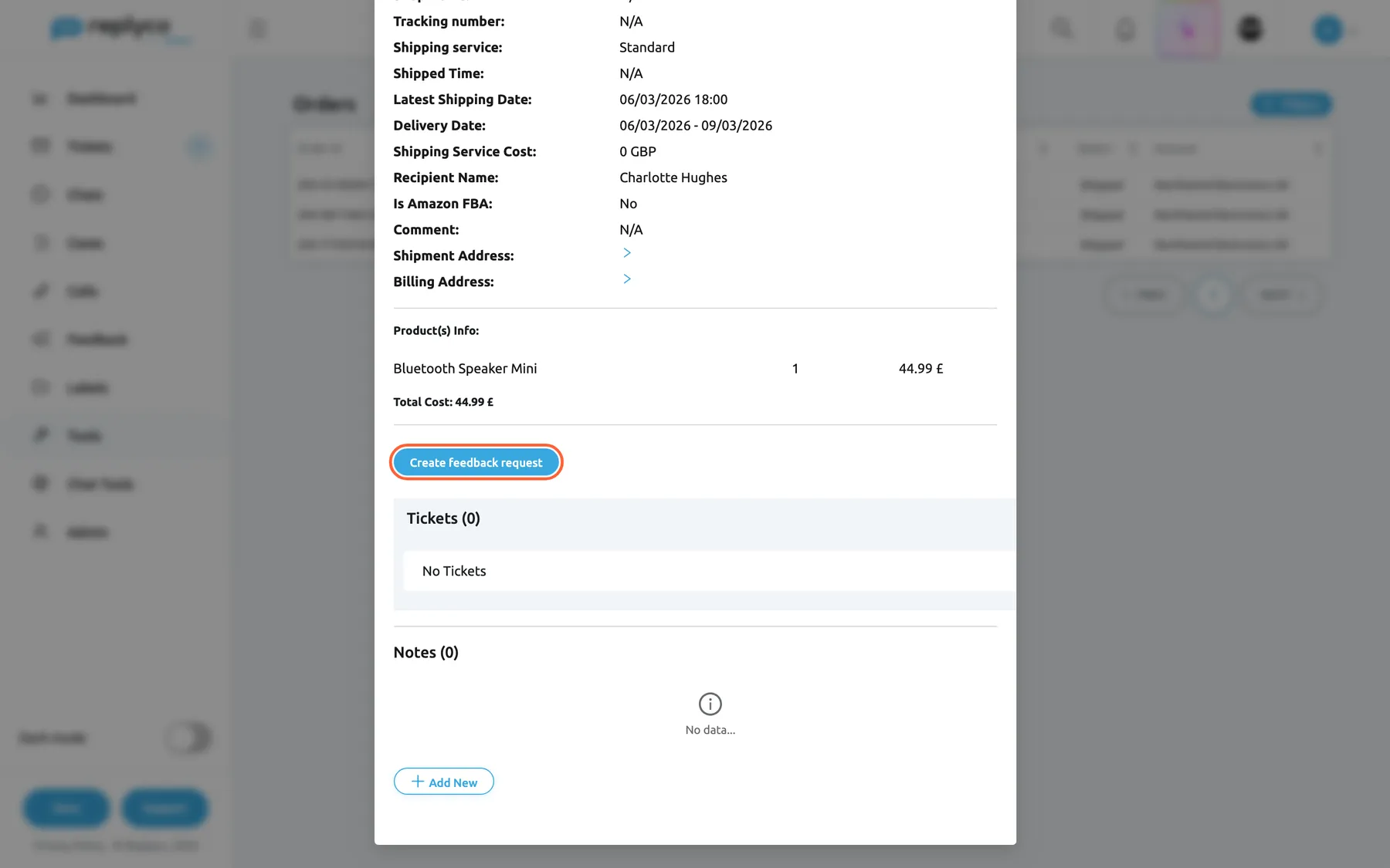 The Order Details window of Amazon order 203-5518204-7719036 of Charlotte Hughes, opened from the Orders screen and scrolled down. Its delivery date reads 06/03/2026 - 09/03/2026, and it holds one "Bluetooth Speaker Mini" for 44.99 £. No rule has scheduled a request for it, so instead of a status line the window shows the highlighted Create feedback request button, which asks Amazon to send the request straight away. Tickets (0) and Notes (0) follow below.
