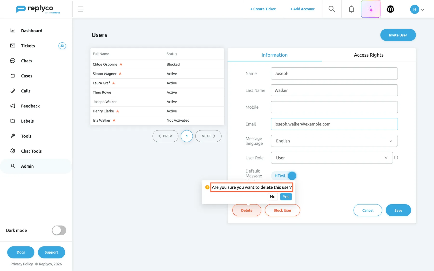 The Information tab of Joseph Walker on the Users screen, whose role shows User. Above the red-outlined Delete button at the bottom left, a confirmation bubble is open and highlighted. It asks "Are you sure you want to delete this user?" with the buttons No and Yes. Yes deletes the user and removes them from the list; No keeps them. The Block User, Cancel and Save buttons are still visible along the bottom.