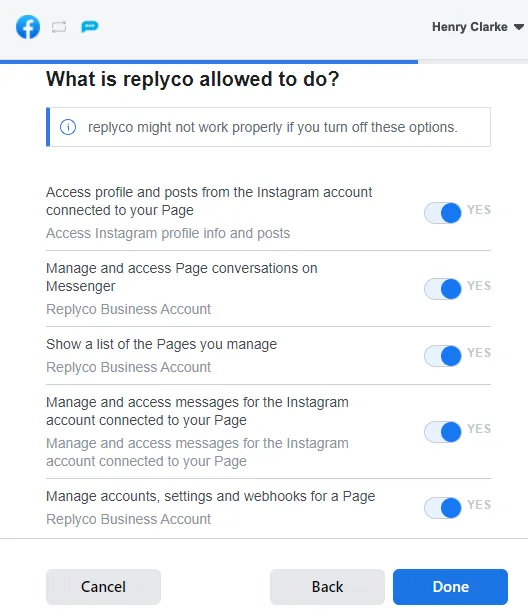 The last step of Facebook's window for Replyco, "What is replyco allowed to do?", with the notice "replyco might not work properly if you turn off these options." Five switches, all set to YES: access profile and posts from the Instagram account connected to your Page; manage and access Page conversations on Messenger; show a list of the Pages you manage; manage and access messages for the Instagram account connected to your Page; and manage accounts, settings and webhooks for a Page. "Cancel", "Back" and the blue "Done" follow.
