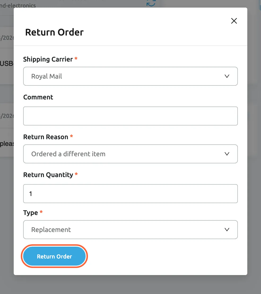 The Return Order dialog Replyco opens from the ⋮ menu of an eBay order in a ticket. Shipping Carrier is set to Royal Mail, Comment is empty, Return Reason is Ordered a different item, Return Quantity shows 1 and Type is Replacement; every field except Comment is marked with a red asterisk as required. The Return Order button at the bottom is highlighted; selecting it sends the return to eBay for this order, and an empty required field stops it with All fields must be completed.