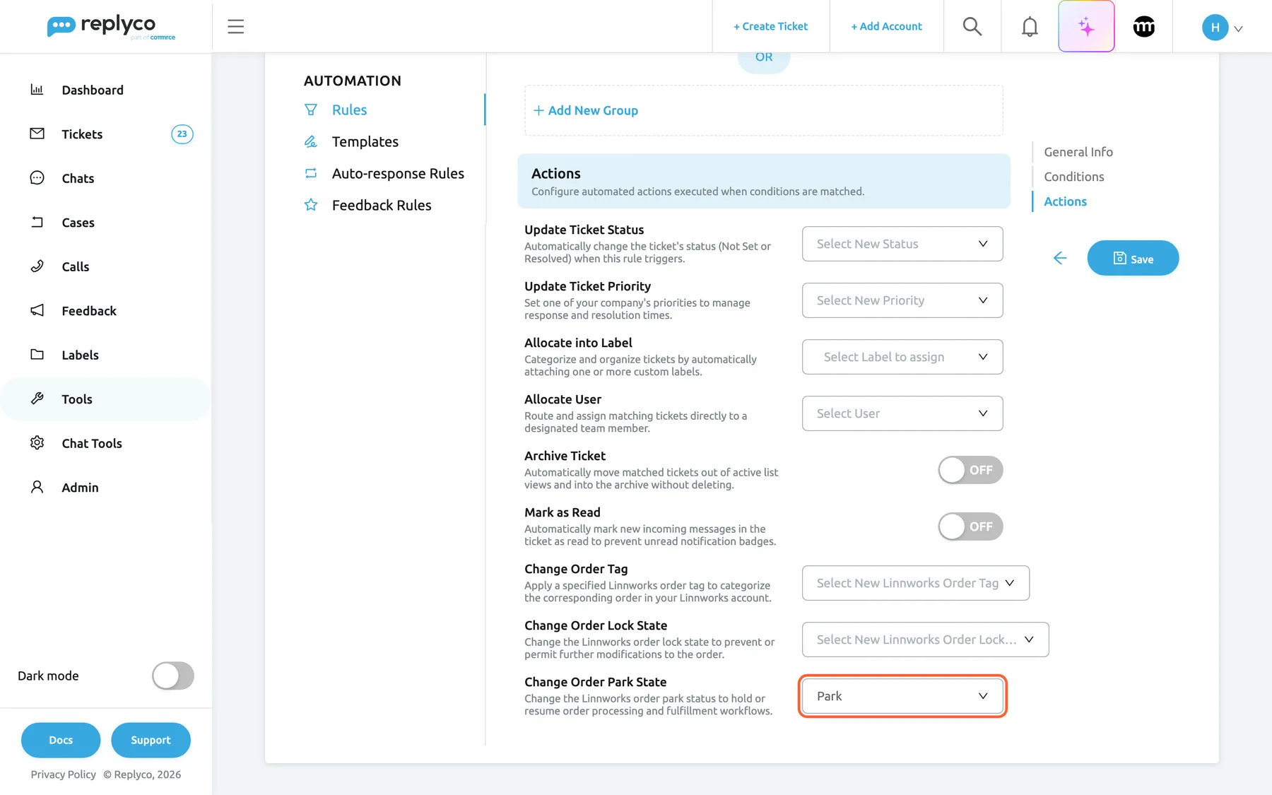 The Create Rule form under Tools, Automation, Rules, scrolled to Actions. After Update Ticket Status, Update Ticket Priority, Allocate into Label, Allocate User, Archive Ticket and Mark as Read come the three Linnworks actions: Change Order Tag with Select New Linnworks Order Tag, Change Order Lock State with Select New Linnworks Order Lock State, and Change Order Park State, whose highlighted field is set to Park. Save sits on the right.