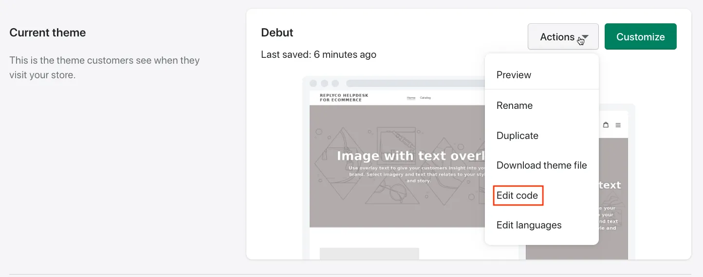 The Current theme section of Shopify's Themes page, described as the theme customers see when they visit your store. The theme card, here the theme Debut, shows when it was last saved and a preview of the shop. Its Actions menu next to the green Customize button is open, with Preview, Rename, Duplicate, Download theme file, Edit code and Edit languages; Edit code is framed in red. Edit code opens the theme's code editor.