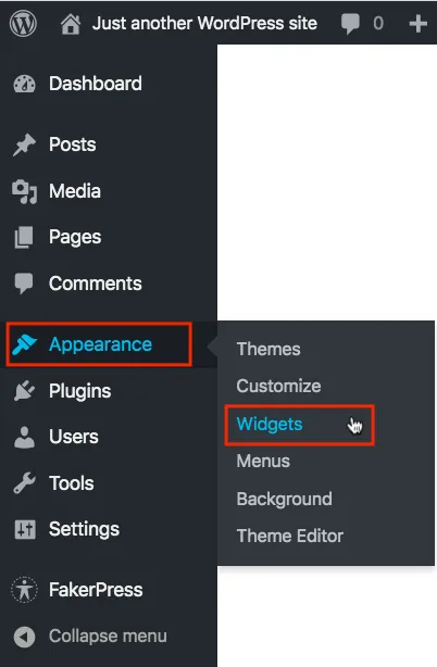 The left menu of a WordPress dashboard with Appearance framed in red and its submenu open beside it: Themes, Customize, Widgets, Menus, Background and Theme Editor. Widgets is framed in red, and the pointer rests on it. The menu also lists Dashboard, Posts, Media, Pages, Comments, Plugins, Users, Tools and Settings. Widgets opens the page where you add a Custom HTML widget with the chat code to your site's footer.
