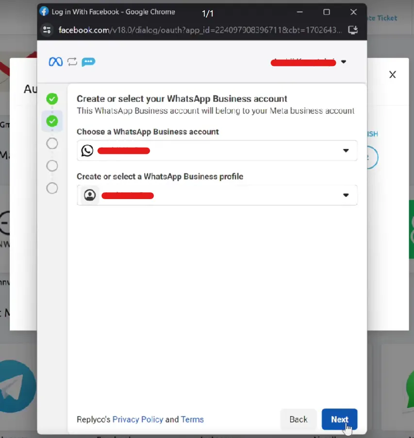 Meta's sign-up window with the first two steps ticked green. The step "Create or select your WhatsApp Business account" says the WhatsApp Business account will belong to your Meta business account. It has two drop-down fields, "Choose a WhatsApp Business account" and "Create or select a WhatsApp Business profile", with the chosen values hidden. "Back" and the blue "Next" are at the bottom right, with the pointer on Next.