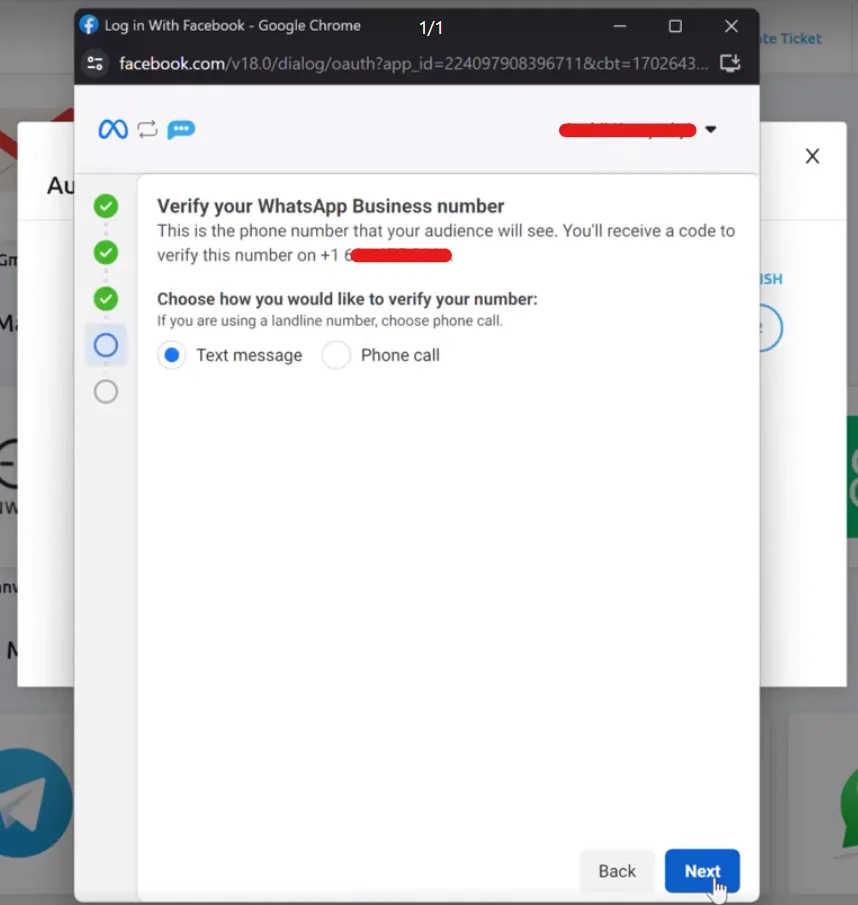 Meta's sign-up window at the fourth step, the first three ticked green. "Verify your WhatsApp Business number" says this is the phone number your audience will see and that you will receive a code to verify it; the number is hidden. Under "Choose how you would like to verify your number:", with the hint to choose phone call for a landline, "Text message" is selected and "Phone call" is the alternative. "Back" and the blue "Next" follow.
